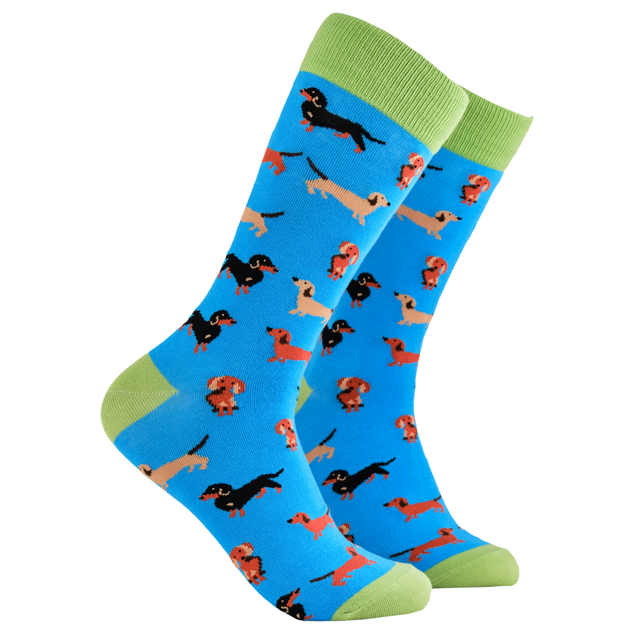 Sausage Dog Socks - Dasching Around. A pair of socks depicting sausage dogs. Blue legs, green cuff, heel and toe.