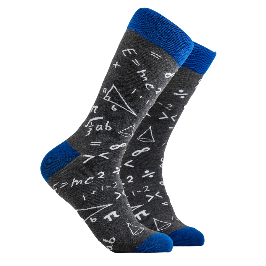 Maths Socks - Do These Add Up? A pair of socks depicting mathematical equations. Grey legs, blue cuff, heel and toe.