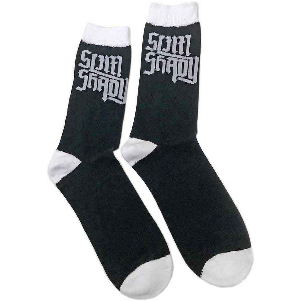 Eminem Slim Shady Socks. A pair of socks with the slim shady logo. Black legs, white heel, toe and cuff.