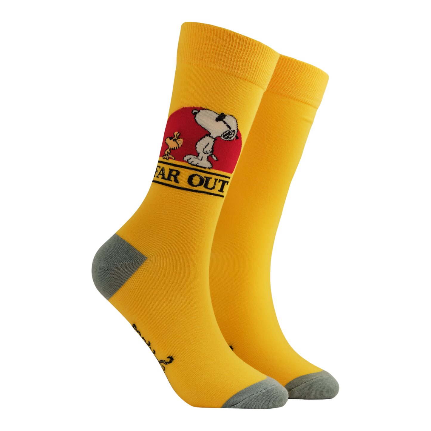 Yellow socks with a snoopy and woodstock details and 'Far Out' slogan. 