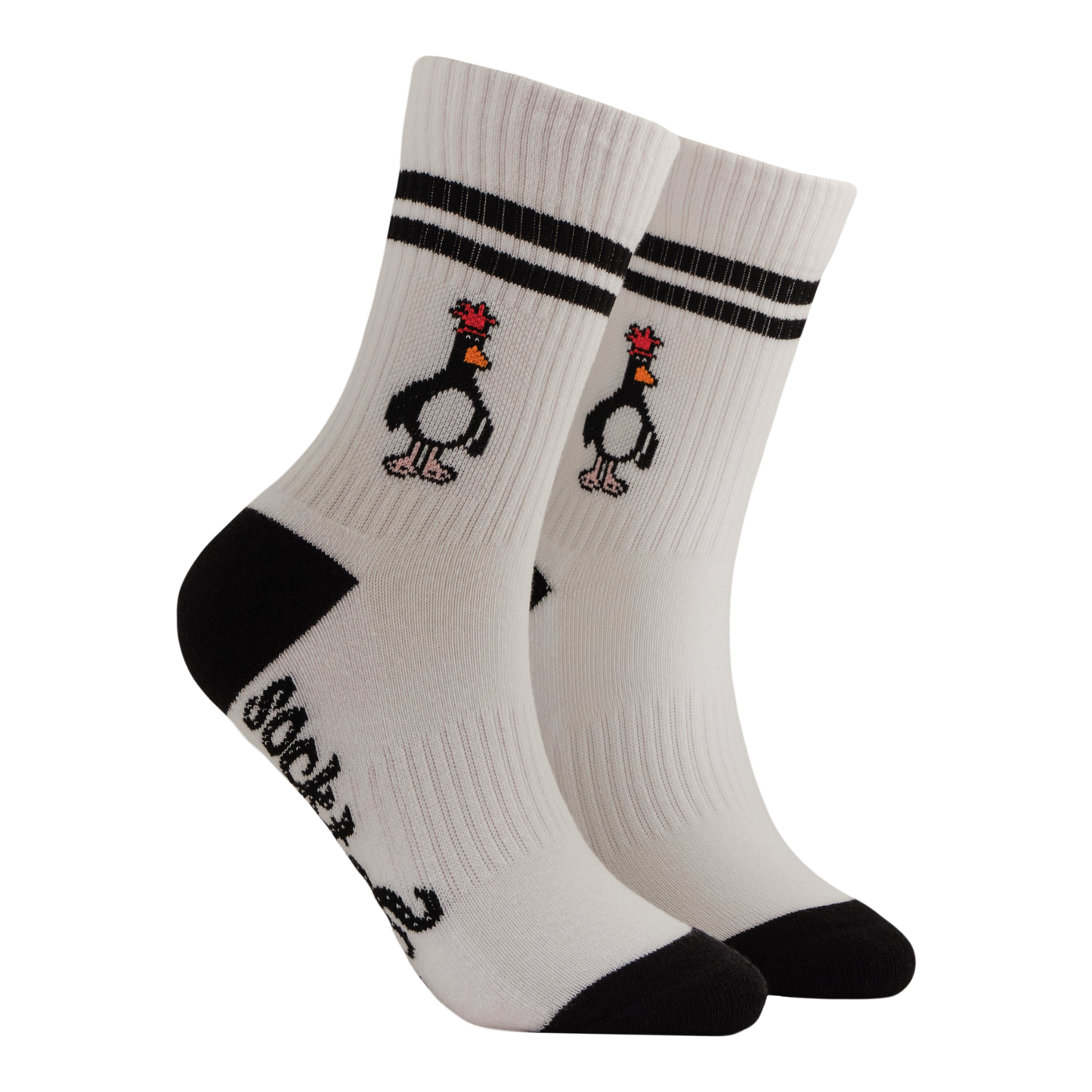White socks with penguin design and black accents on a white background