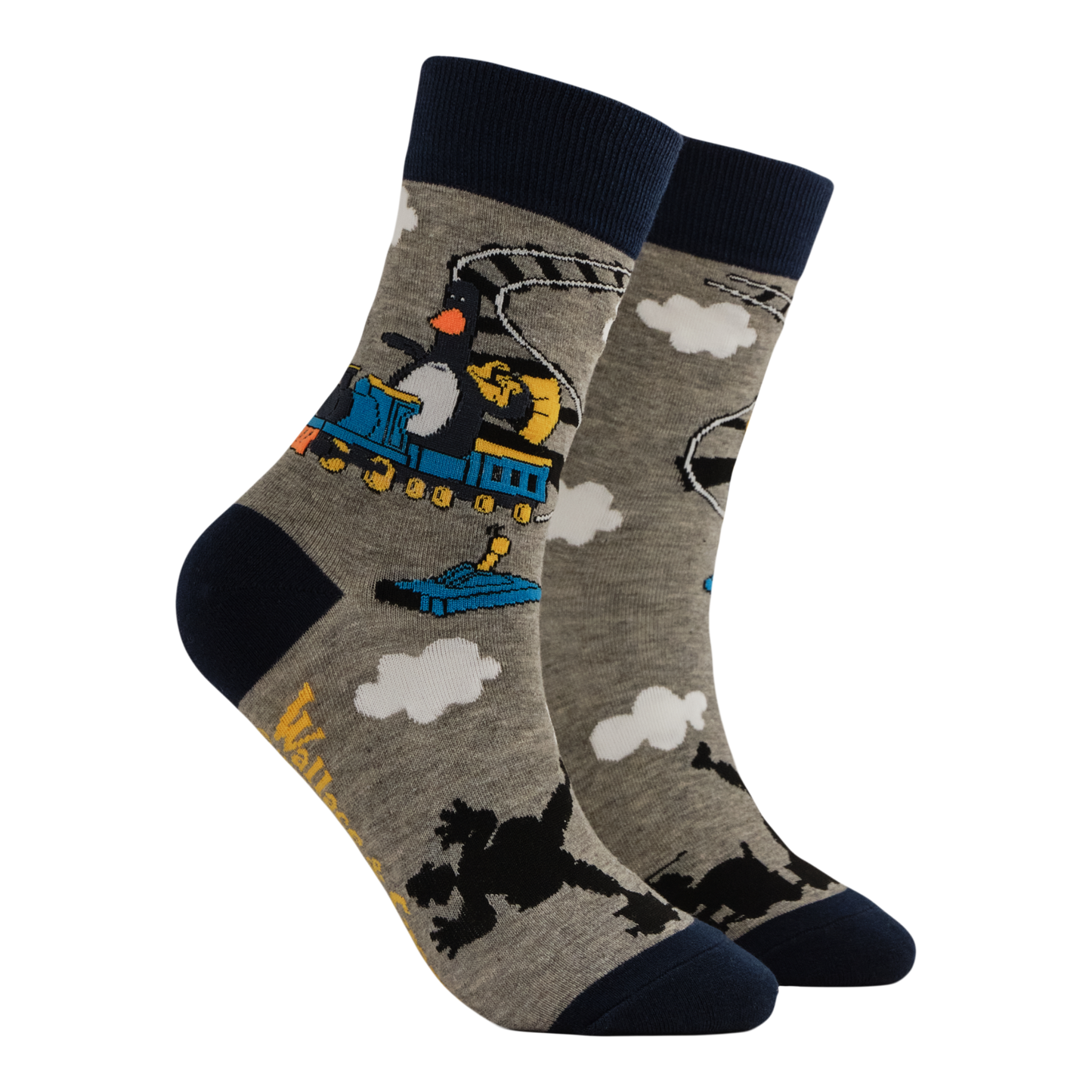 Gray socks with a train design on a white background