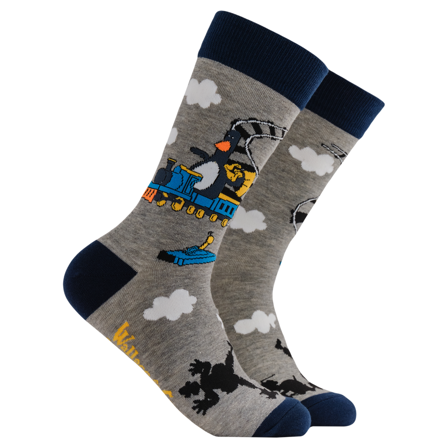 Feather's Train Socks - Socktopus X Wallace & Gromit. A grey pair of socks featuring Feathers McGraw.