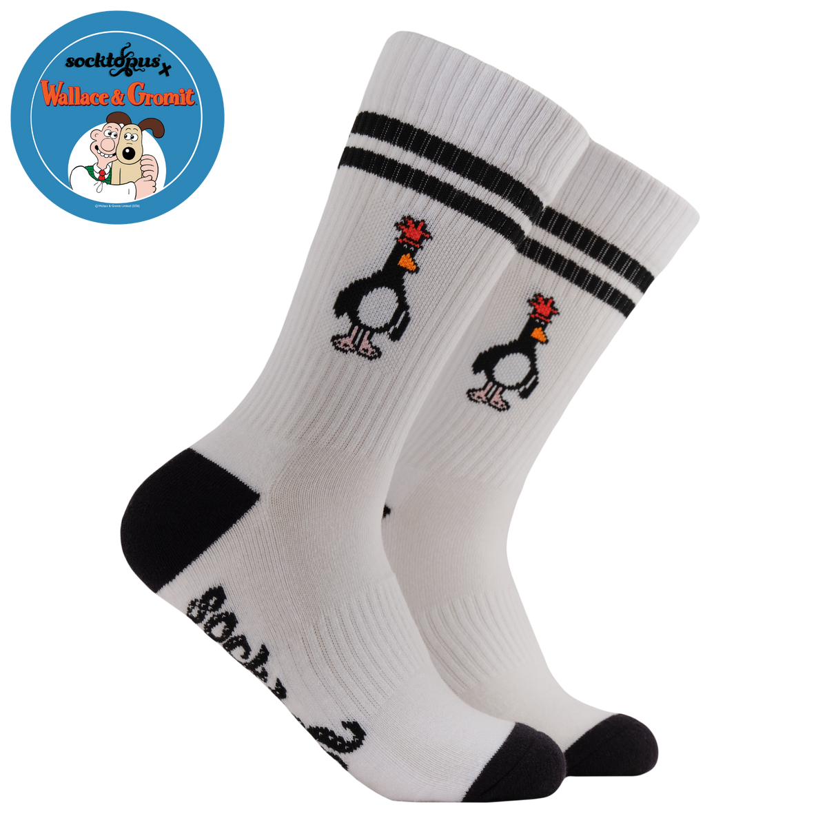 Feathers McGraw Athletic Socks - Socktopus X Wallace & Gromit. A pair of white socks featuring Feathers McGraw. Black heel and toe.
