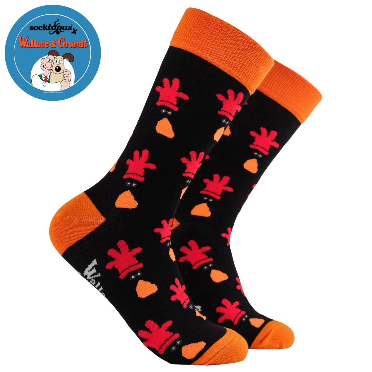 Black socks with red and orange patterns on a white background

