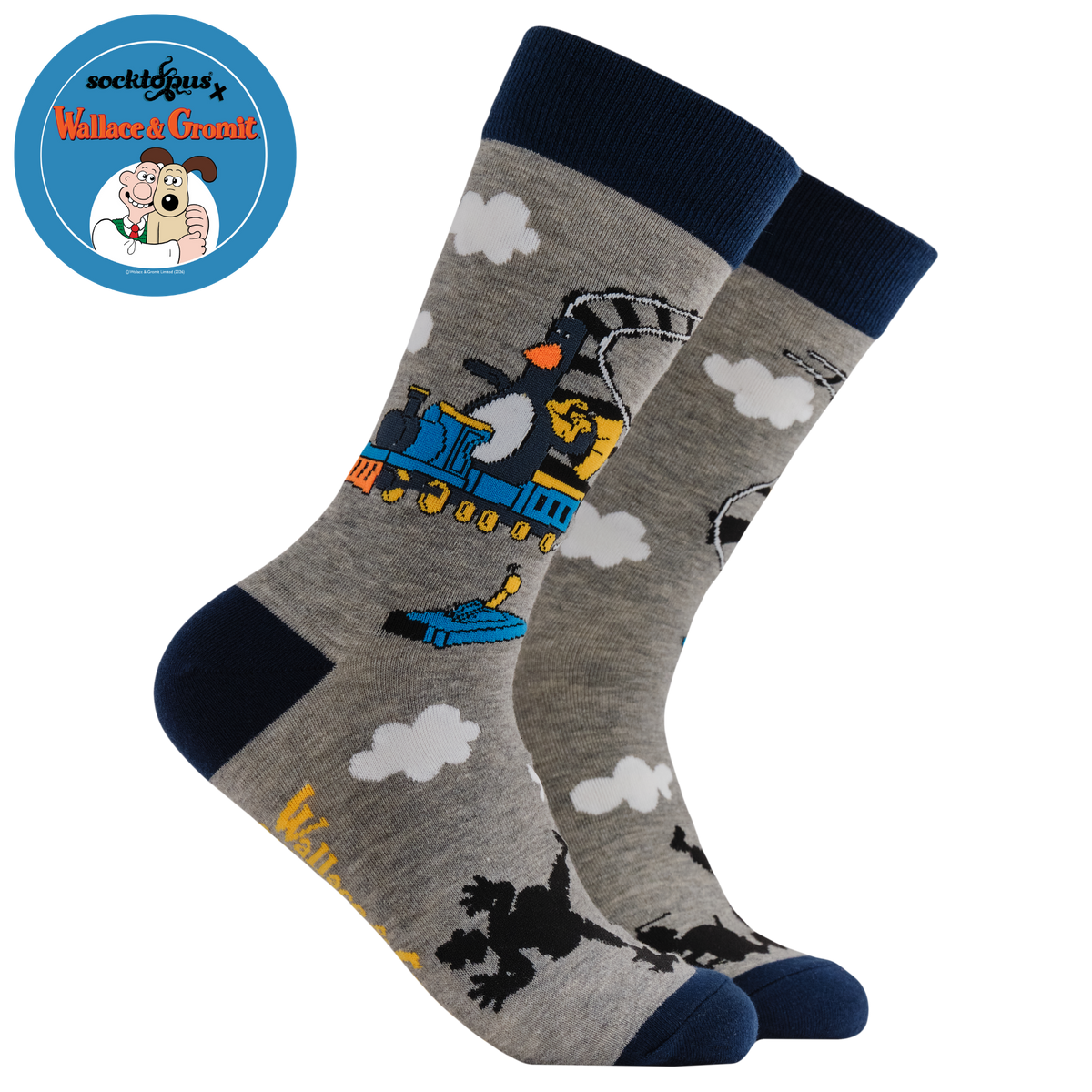 Feather's Train Socks - Socktopus X Wallace & Gromit. A grey pair of socks featuring Feathers McGraw.