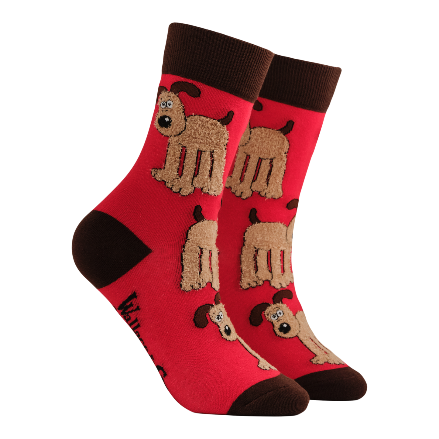 Red socks with brown dog illustrations on a white background