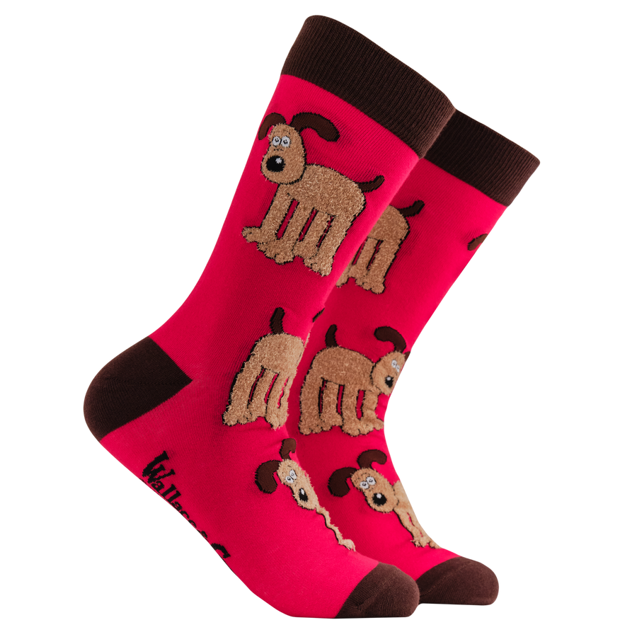 Fluffy Gromit Socks - Socktopus X Wallace & Gromit. A pair of socks featuring a fluffy Gromit. Brown heel, toe and cuff 