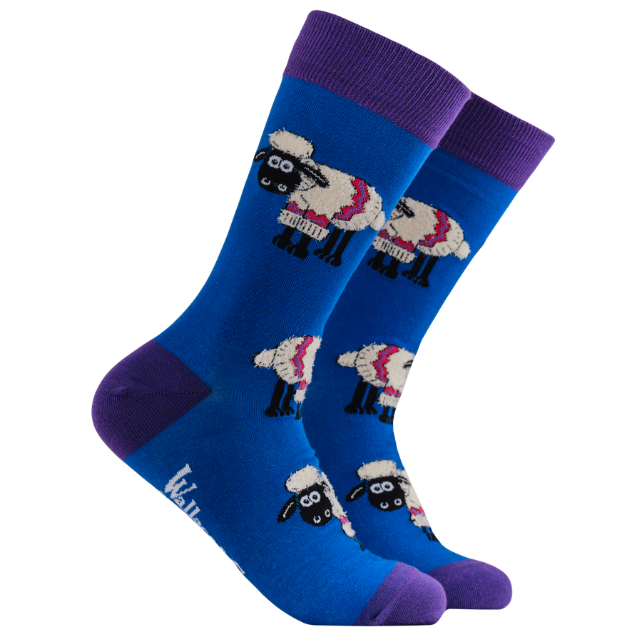 Fluffy Shaun the Sheep Socks - Socktopus X Wallace & Gromit. Blue socks with purple heel, toe and cuff. 