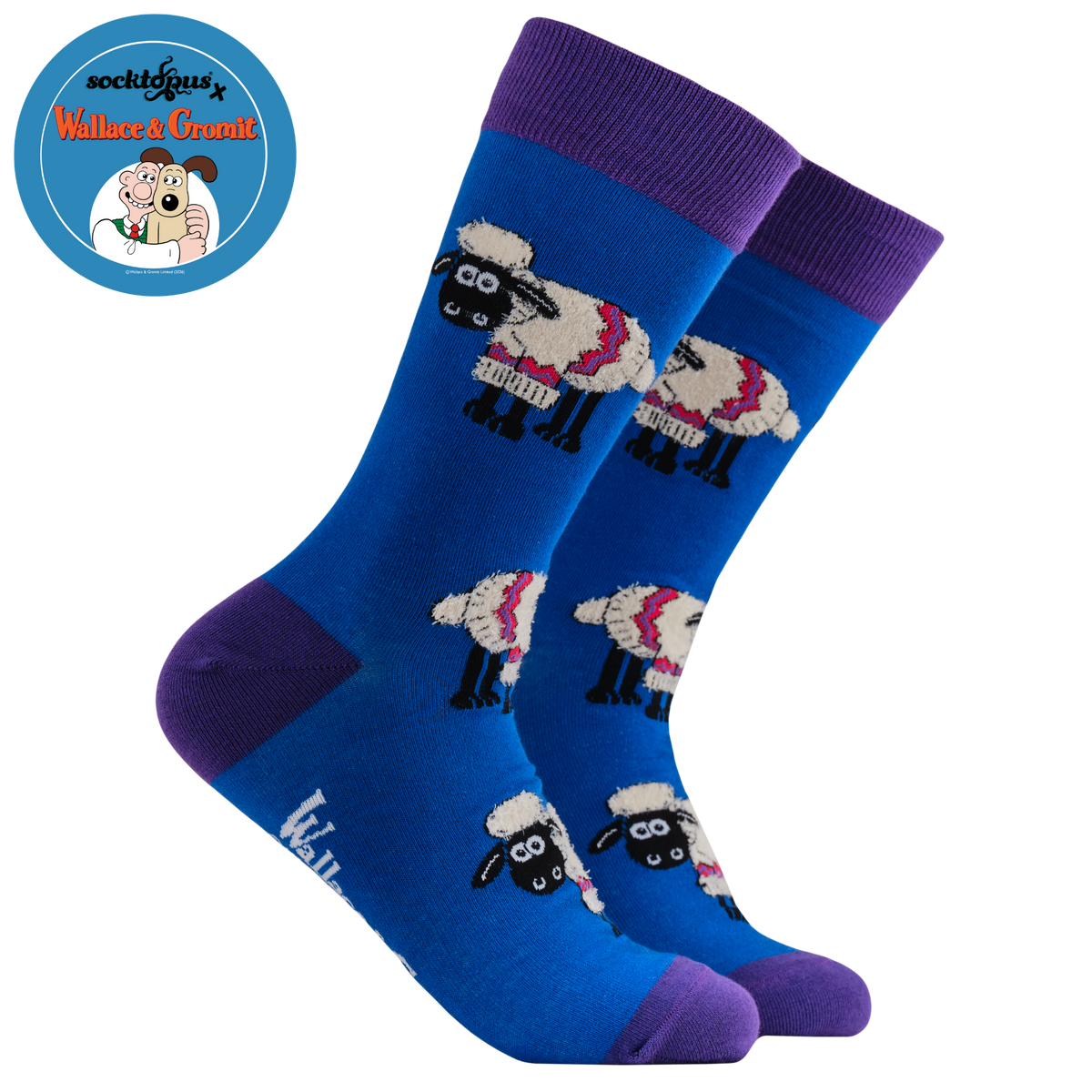 Fluffy Shaun the Sheep Socks - Socktopus X Wallace & Gromit. Blue socks with purple heel, toe and cuff. 