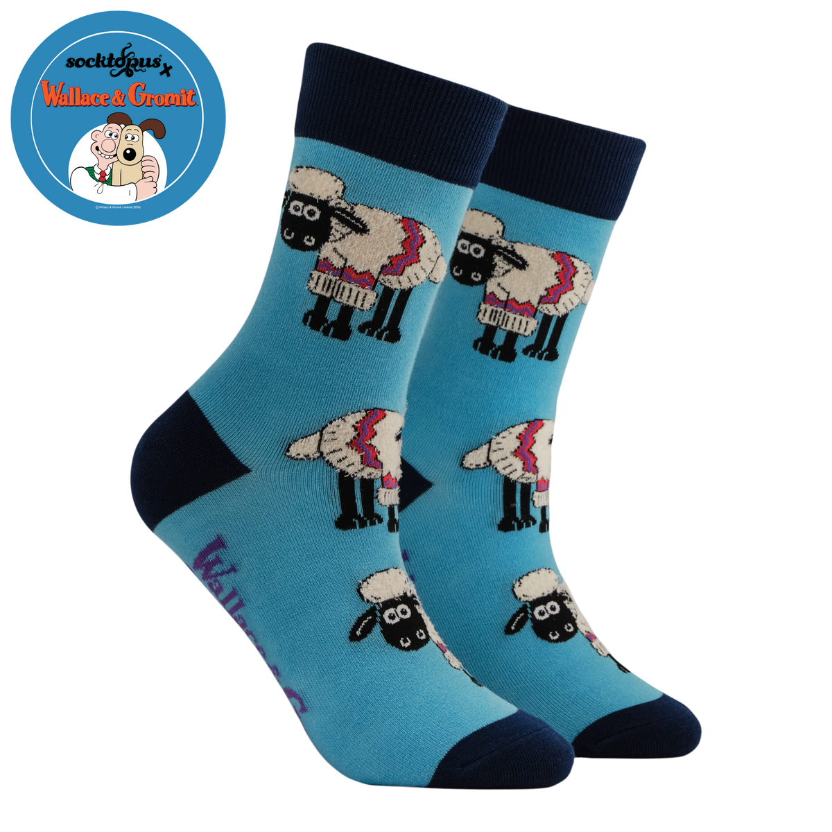 Pair of socks with sheep design on a blue background