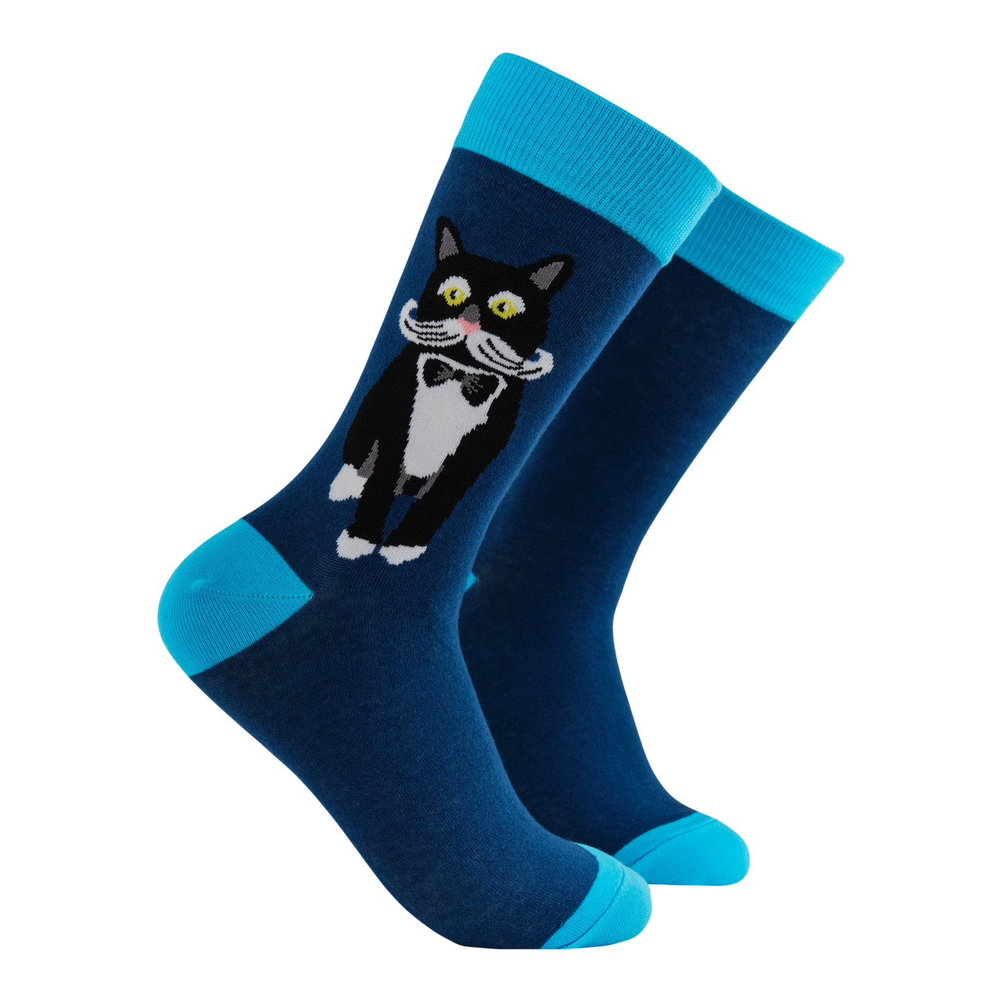 Tuxedo Cat Socks - Feline Fancy. A pair of socks featuring a posh looking cat. Blue legs, light blue heel, toe and cuff. 