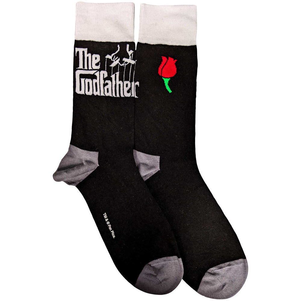 A pair of socks with The Godfather Logo. Black legs, grey heeland toe. 