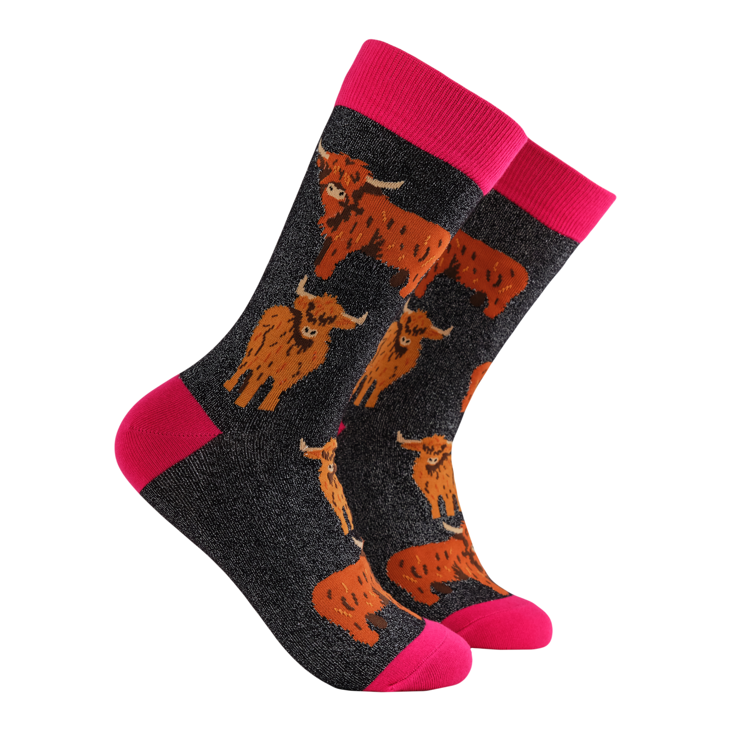 Glamour Cows Socks. A pair of socks featuring highland cows. Grey legs, pink heel toe and cuff. 