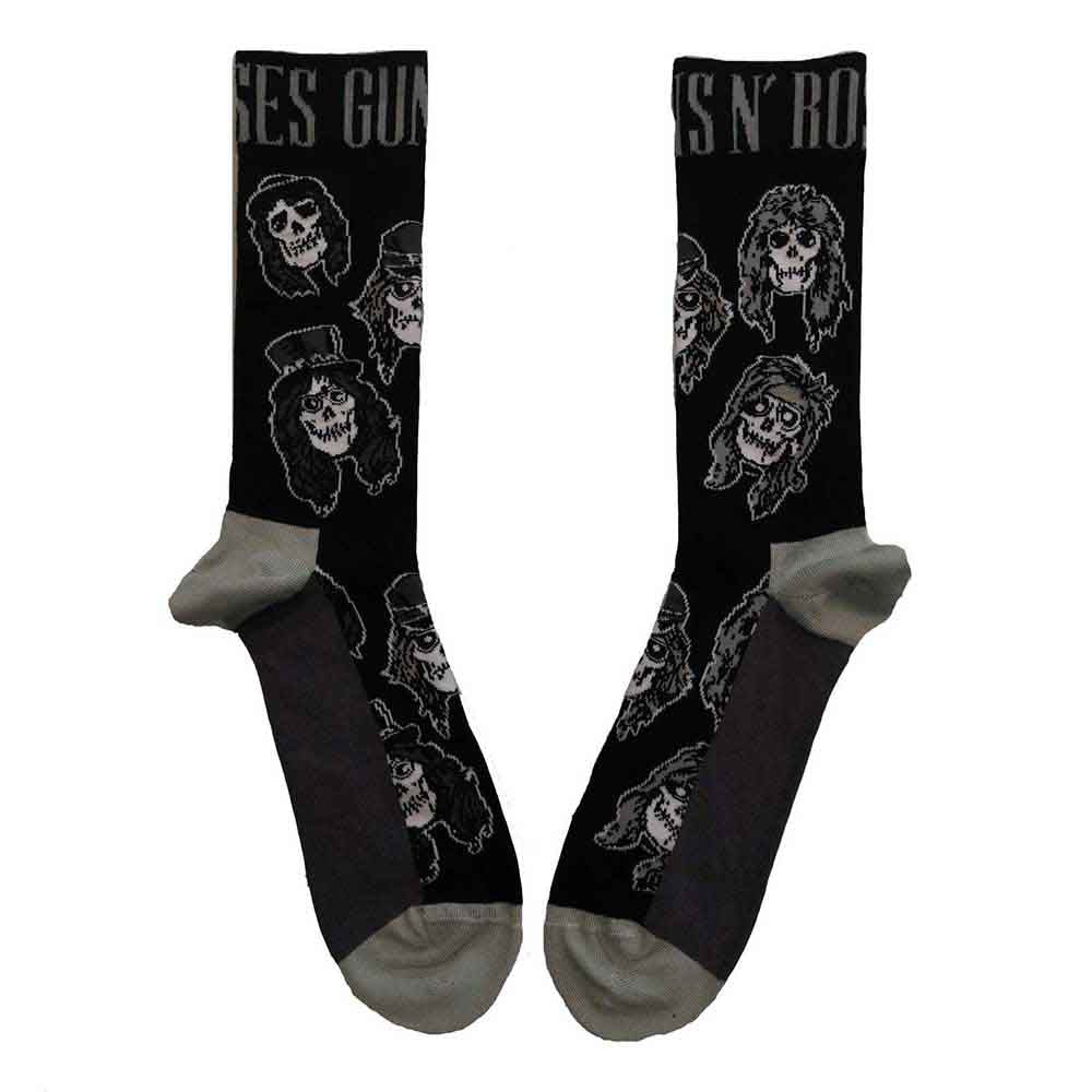 Guns N' Roses Skulls Band Monochrome Socks. A pair of socks featuring the members of GNR as skulls. Black legs, gry heel and toe. 