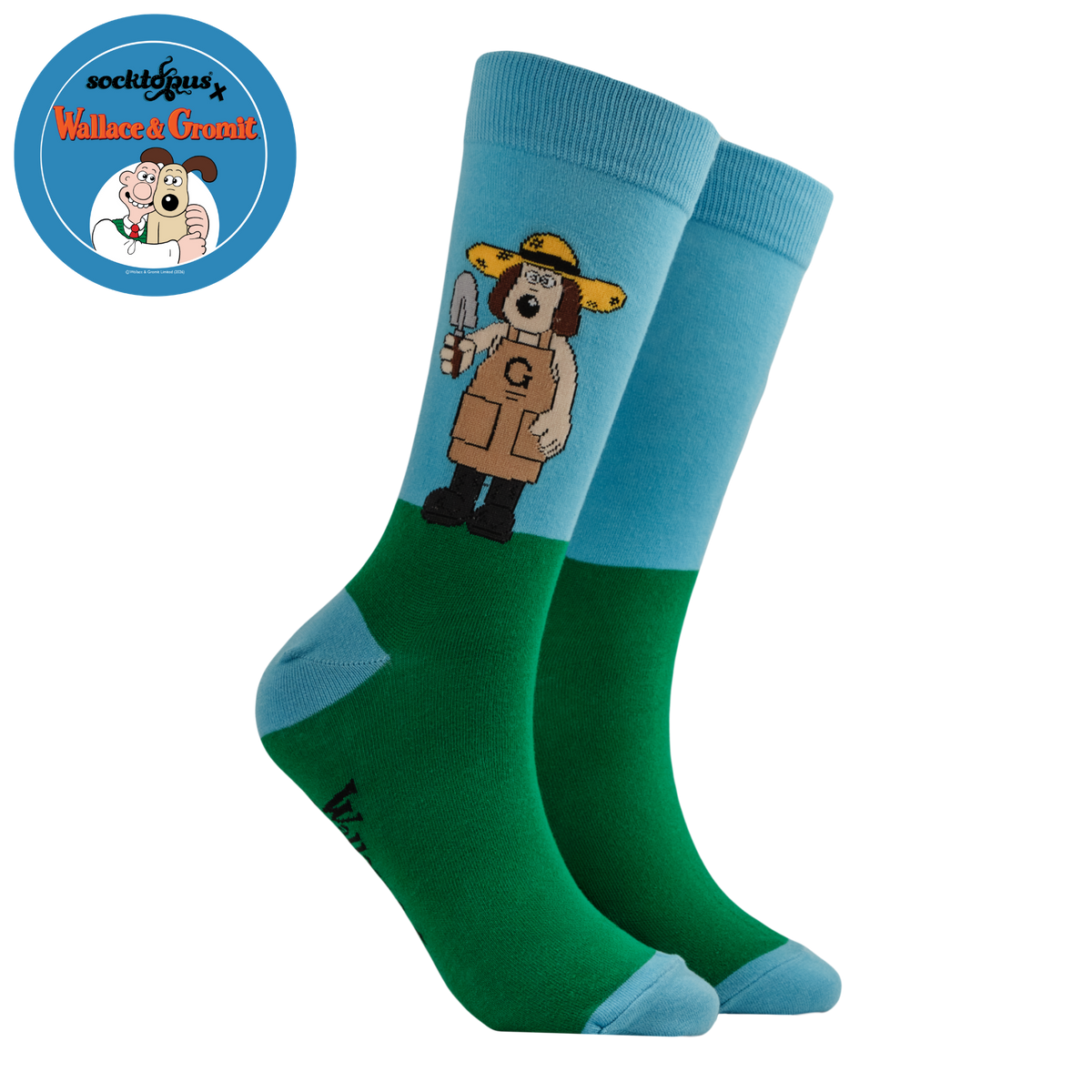Pair of socks with a cartoon character design on a white background