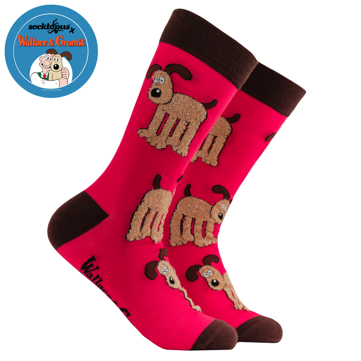 Fluffy Gromit Socks - Socktopus X Wallace & Gromit. A pair of socks featuring a fluffy Gromit. Brown heel, toe and cuff 