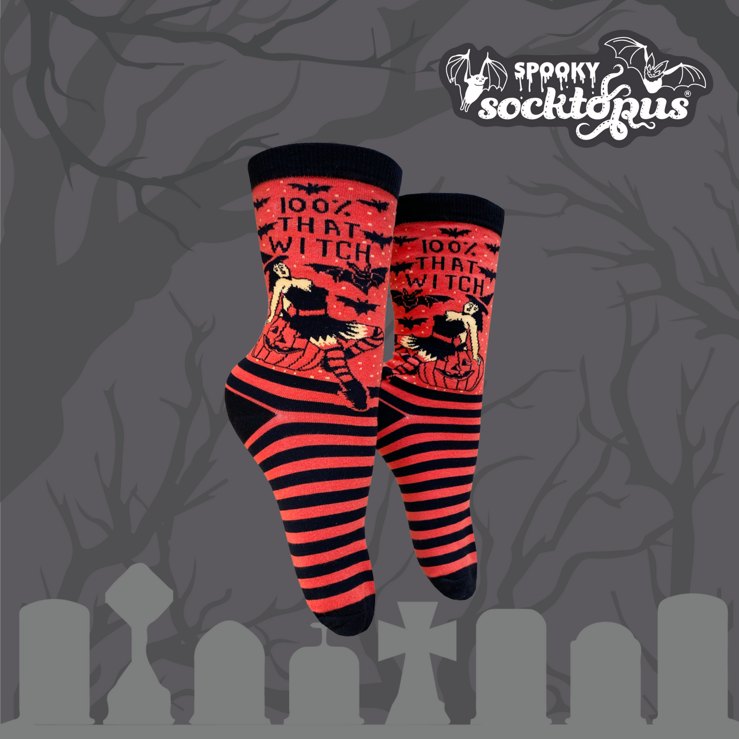 100% That Witch Socks - Small. A pair of red and black, striped socks featuring a hot witch. Black toes, heel and cuff. 