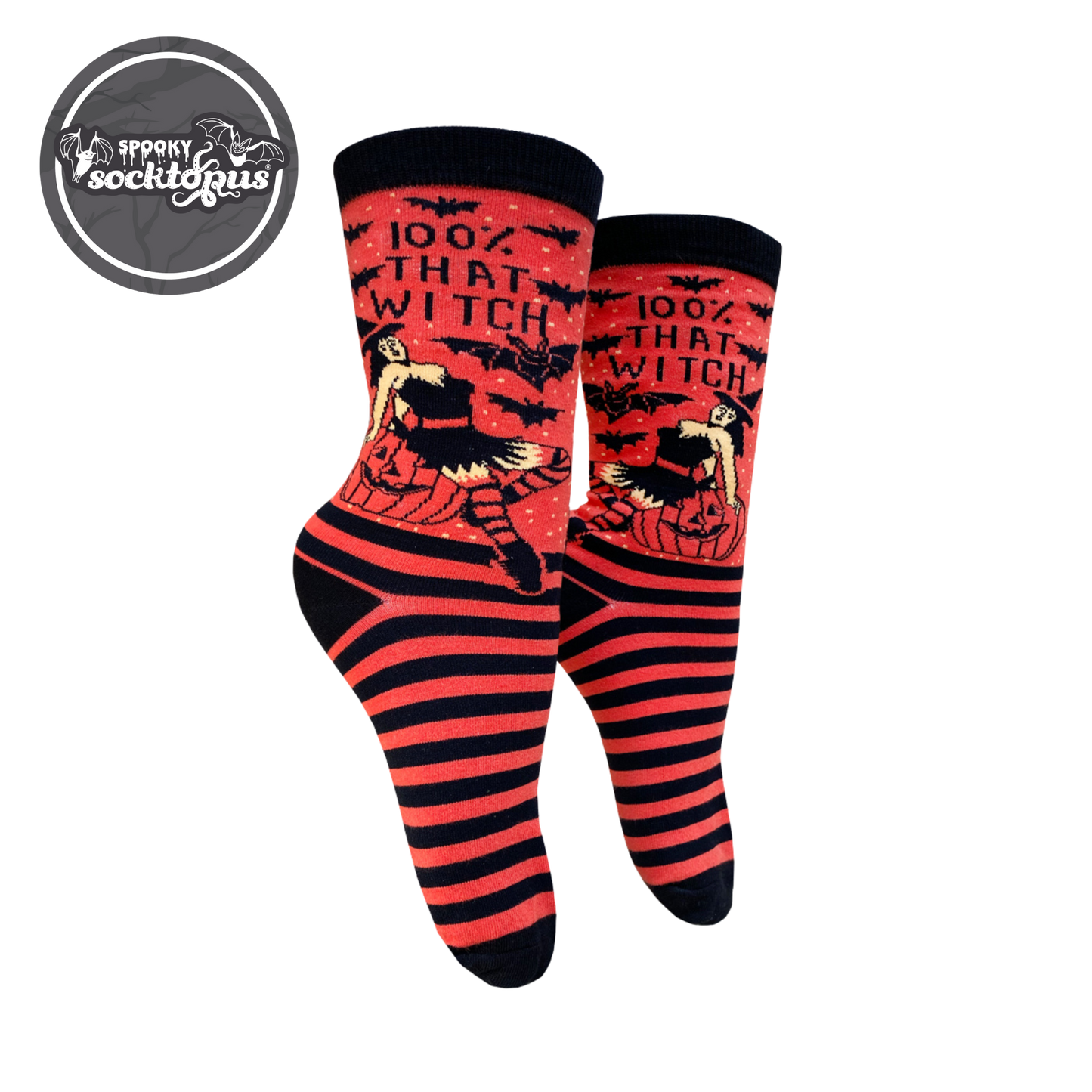 100% That Witch Socks - Small. A pair of red and black, striped socks featuring a hot witch. Black toes, heel and cuff. 