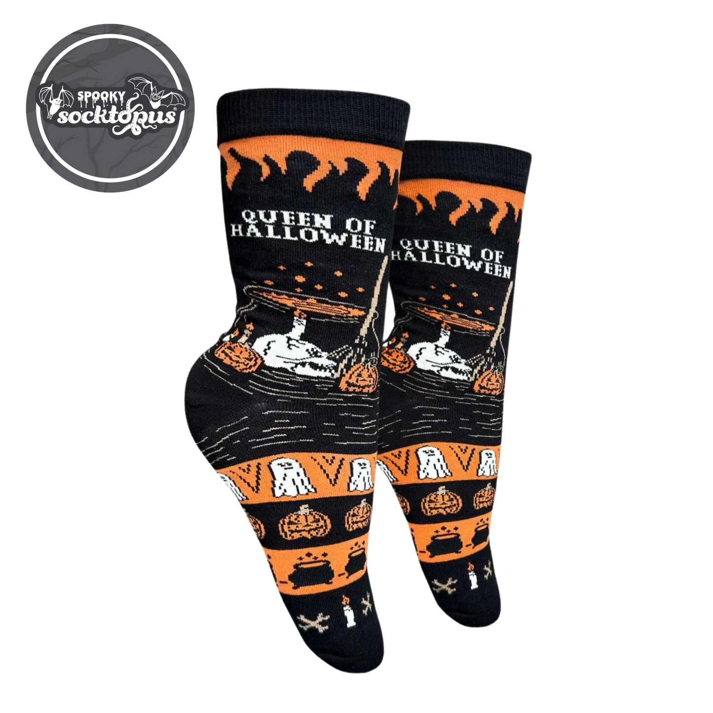 Queen of Halloween Socks - Small. A pair of socks with an orange and black halloween motif. Ghosts, ghouls and pumpkins. 