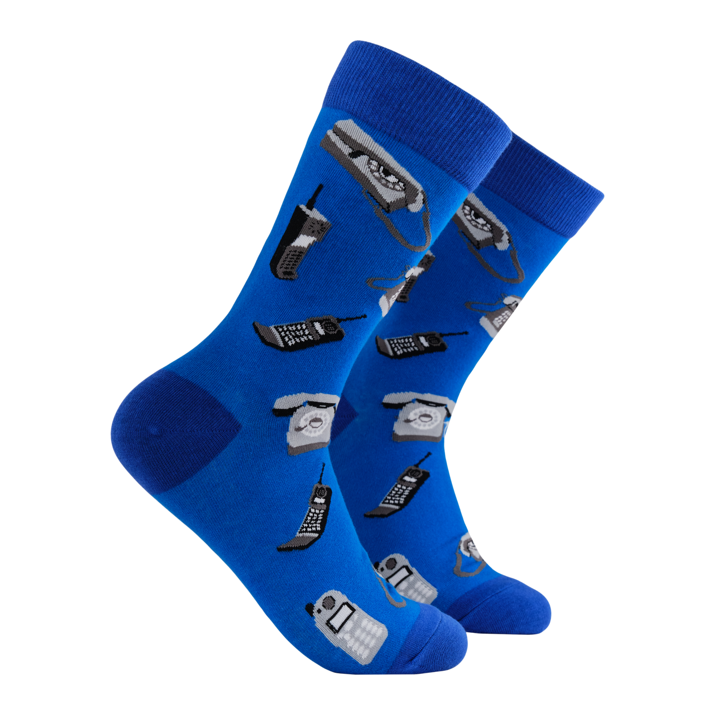 Telephone Socks - Hello?! A pair of socks that feature retro phones. Blue legs, heel, toe and cuff. 