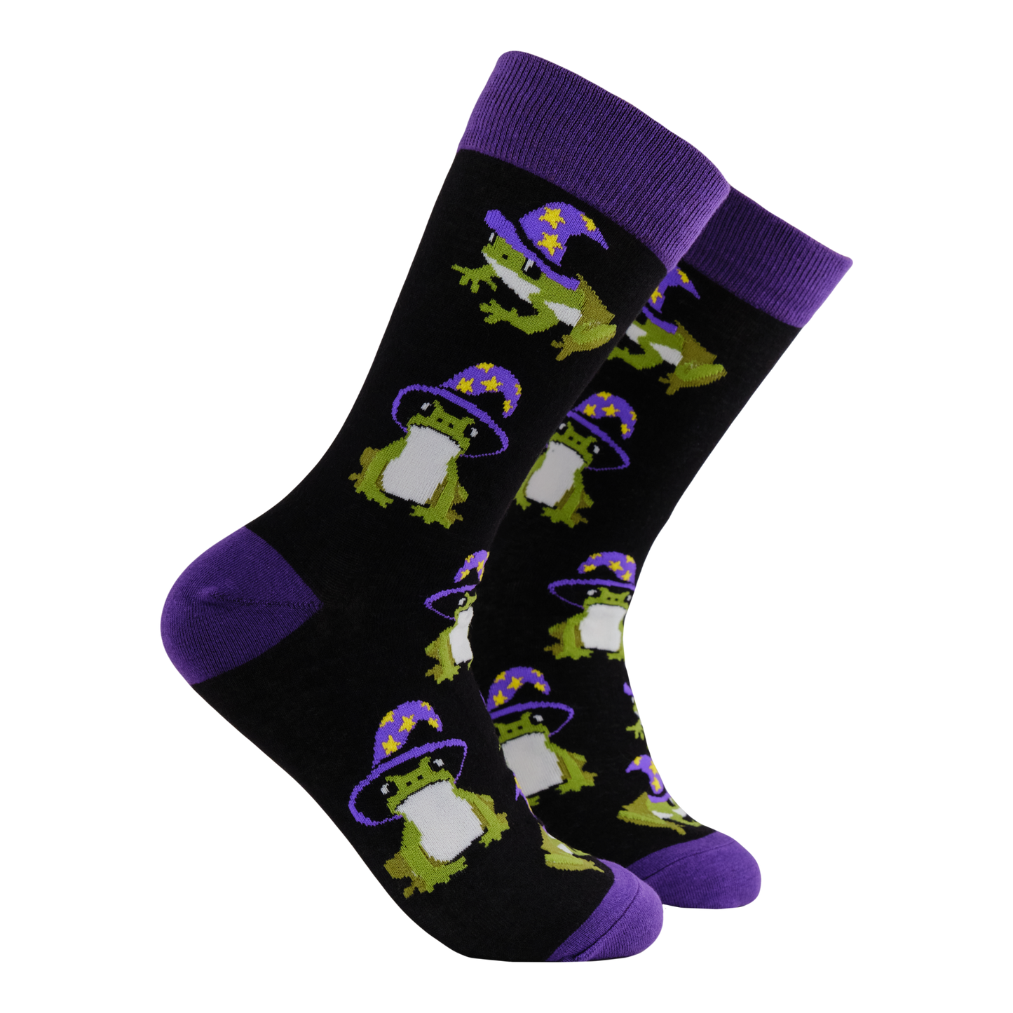 Wizard Frog Socks - Hocus Croakus. A pair of socks featuring wizard frogs. Black legs, purple heel, toe and cuff. 