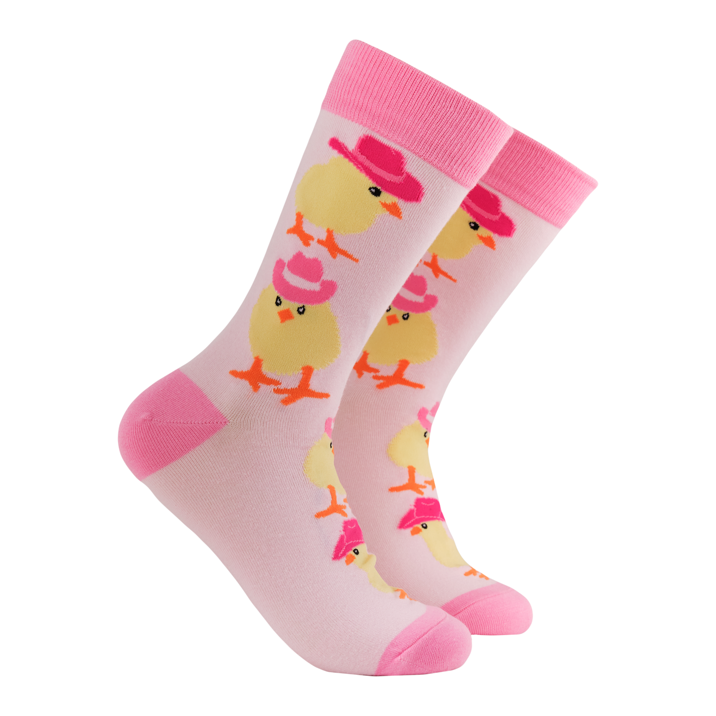 Cowboy Chick Socks - Howdy Chicks. A pair of socks with a chick in cowboy hats motif. Light pink legs, dark pink heel, toe and cuff. 