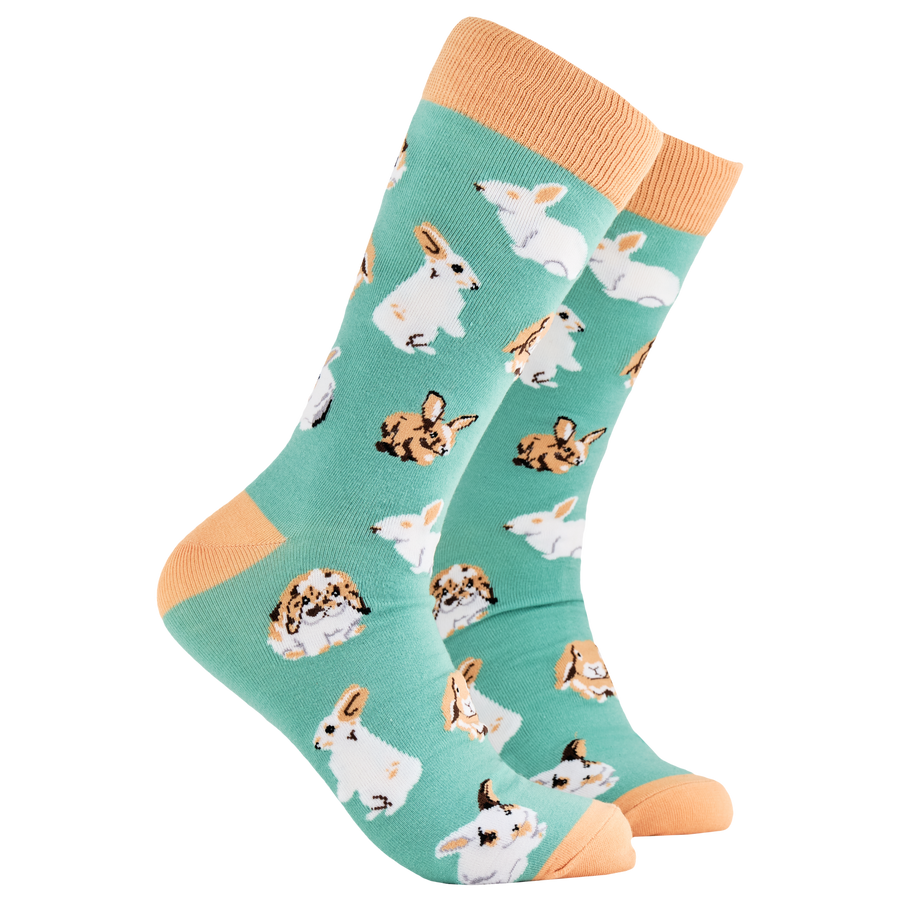 Rabbit Socks - Hop. A pair of socks depicting rabbits playing. Green legs, brown cuff, heel and toe.