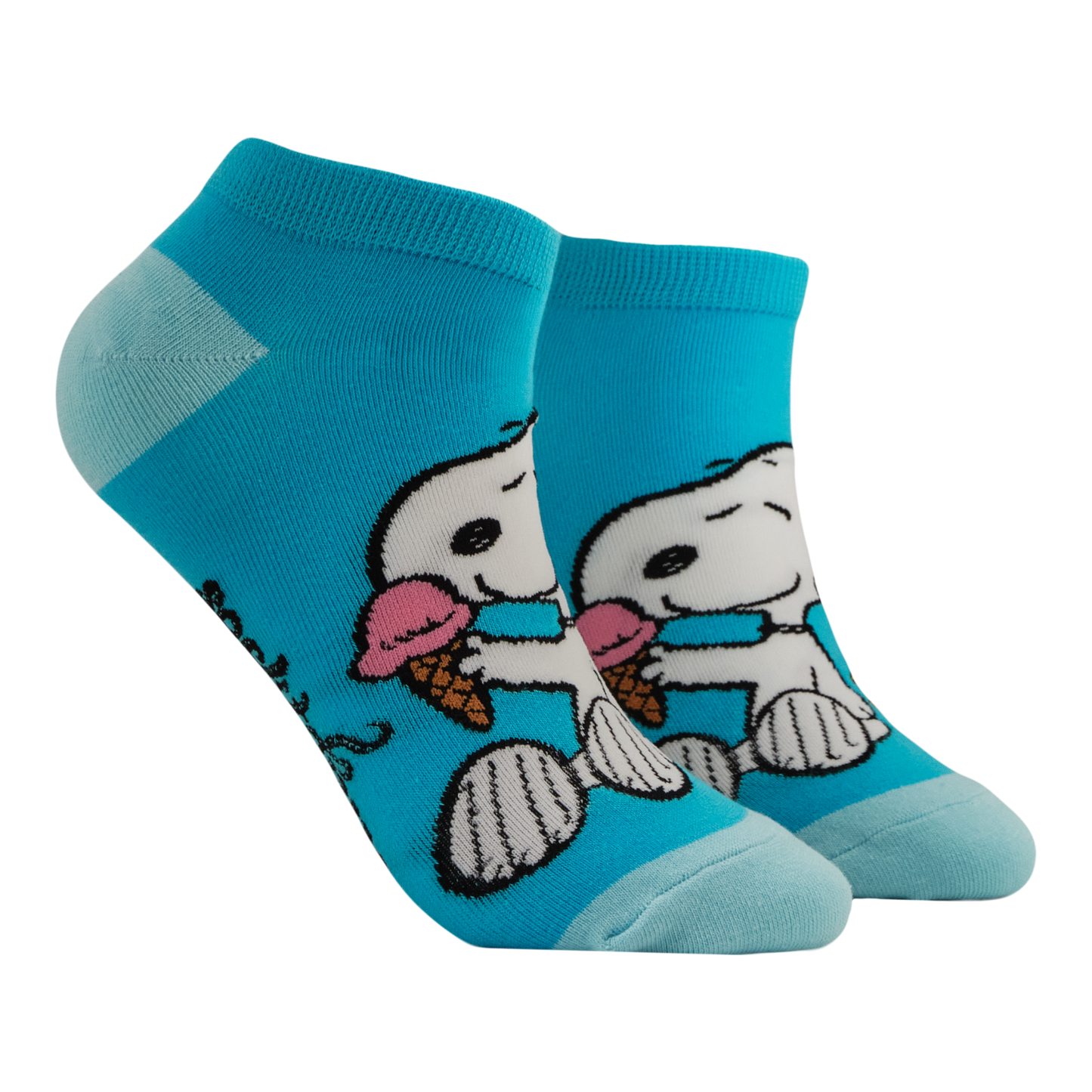 Blue socks with snoopy holding an ice cream cone. 