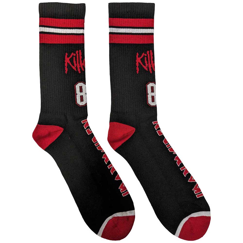 Iron Maiden Killers '81 Socks. A pair of socks featuring the Iron maiden logo and killers 81 motif. Black legs, red toe, heel and cuff. 