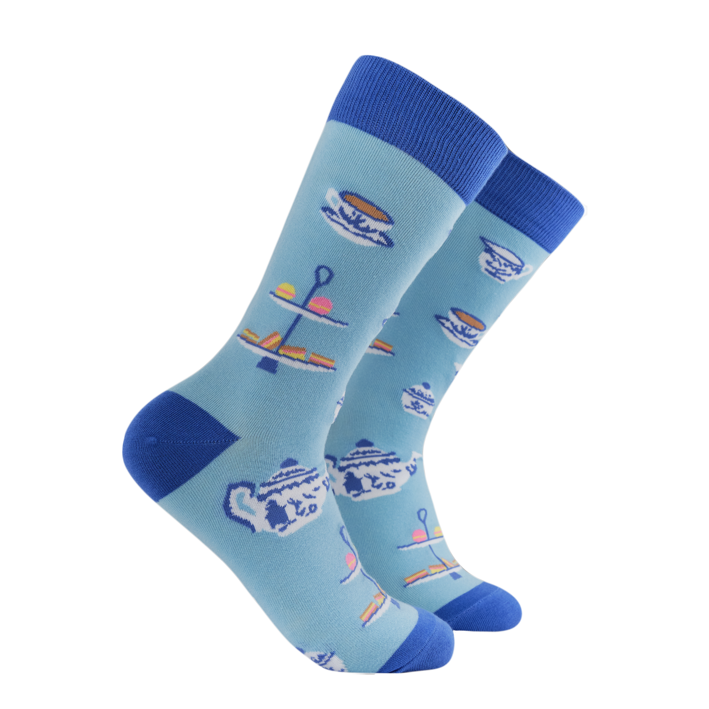 Scone Bamboo Socks - Jam or Cream First? A pair of socks with a cream tea motif. Blue legs, dark blue heel, toe and cuff. 