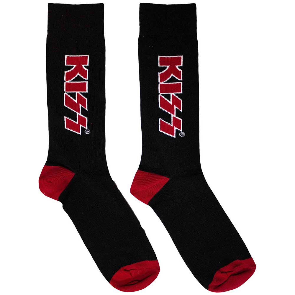 KISS Red Logo Socks. A pair of socks featuring the KISS logo. Black legs, red heel, toe and cuff. 