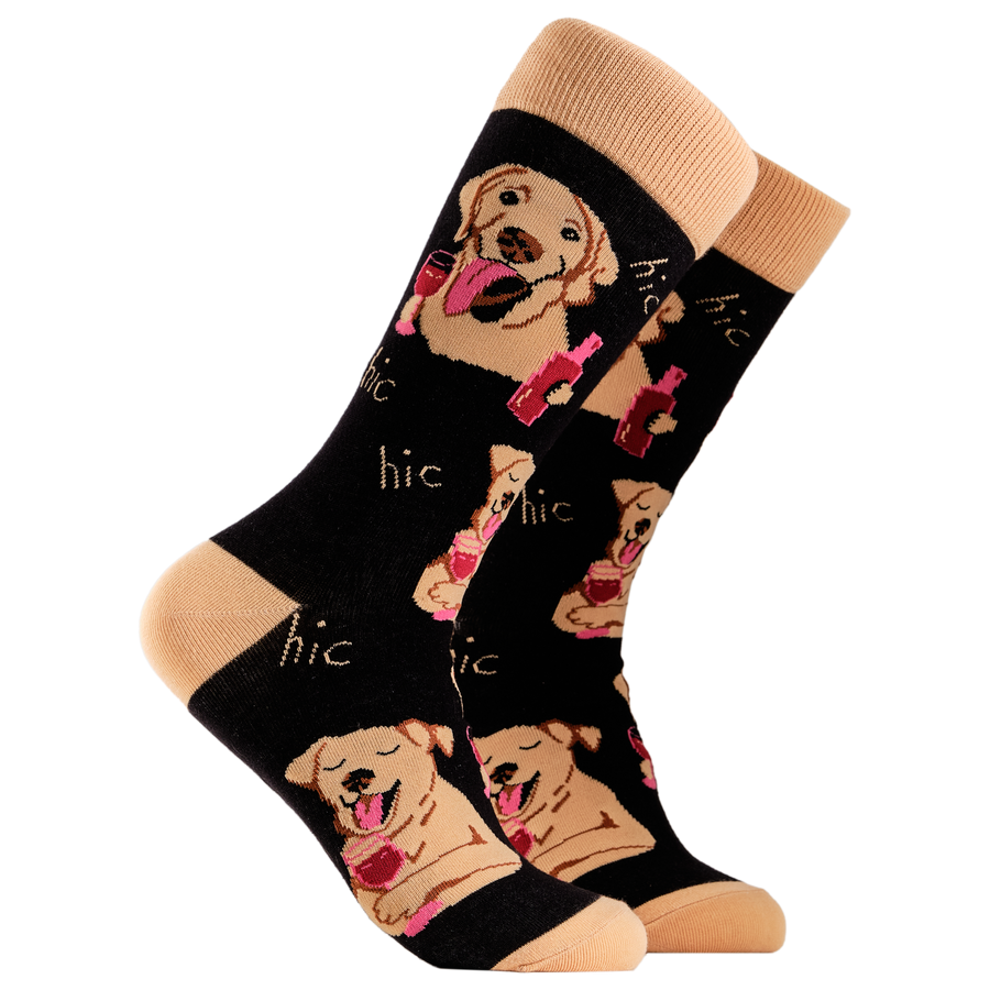 Labrador Socks - Lab In Wine. A pair of socks depicting labs drinking wine. Black legs, light brown cuff, heel and toe.