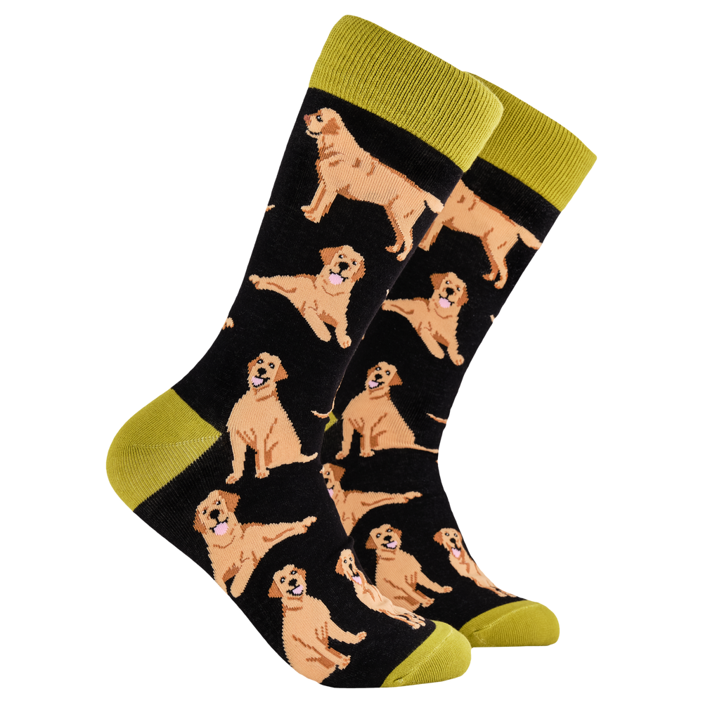 Labrador Retriever Socks - Labradorable. A pair of socks depicting Labrador dogs. Black legs, mustard cuff, heel and toe.