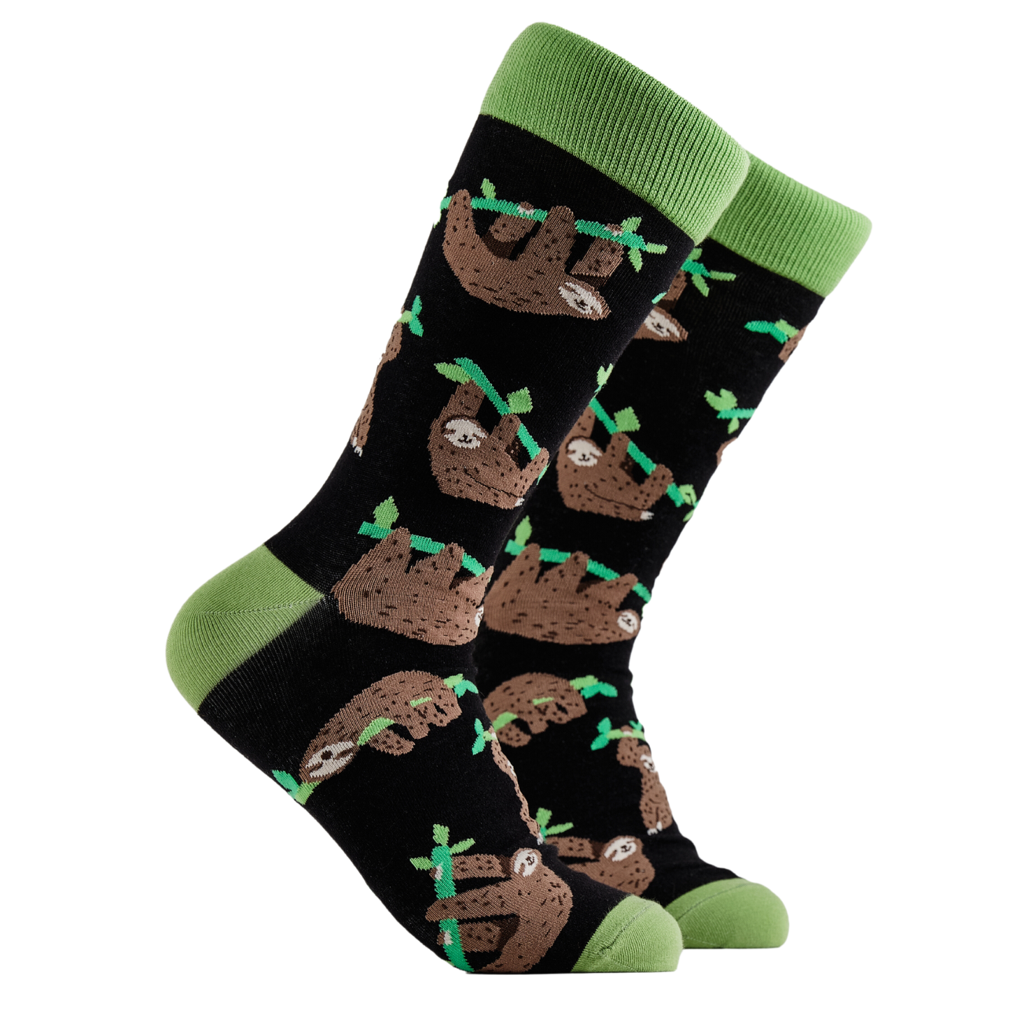 Sloth Socks - Lazy Vibes. A pair of socks depicting lazy sloths. Black legs, green cuff, heel and toe.