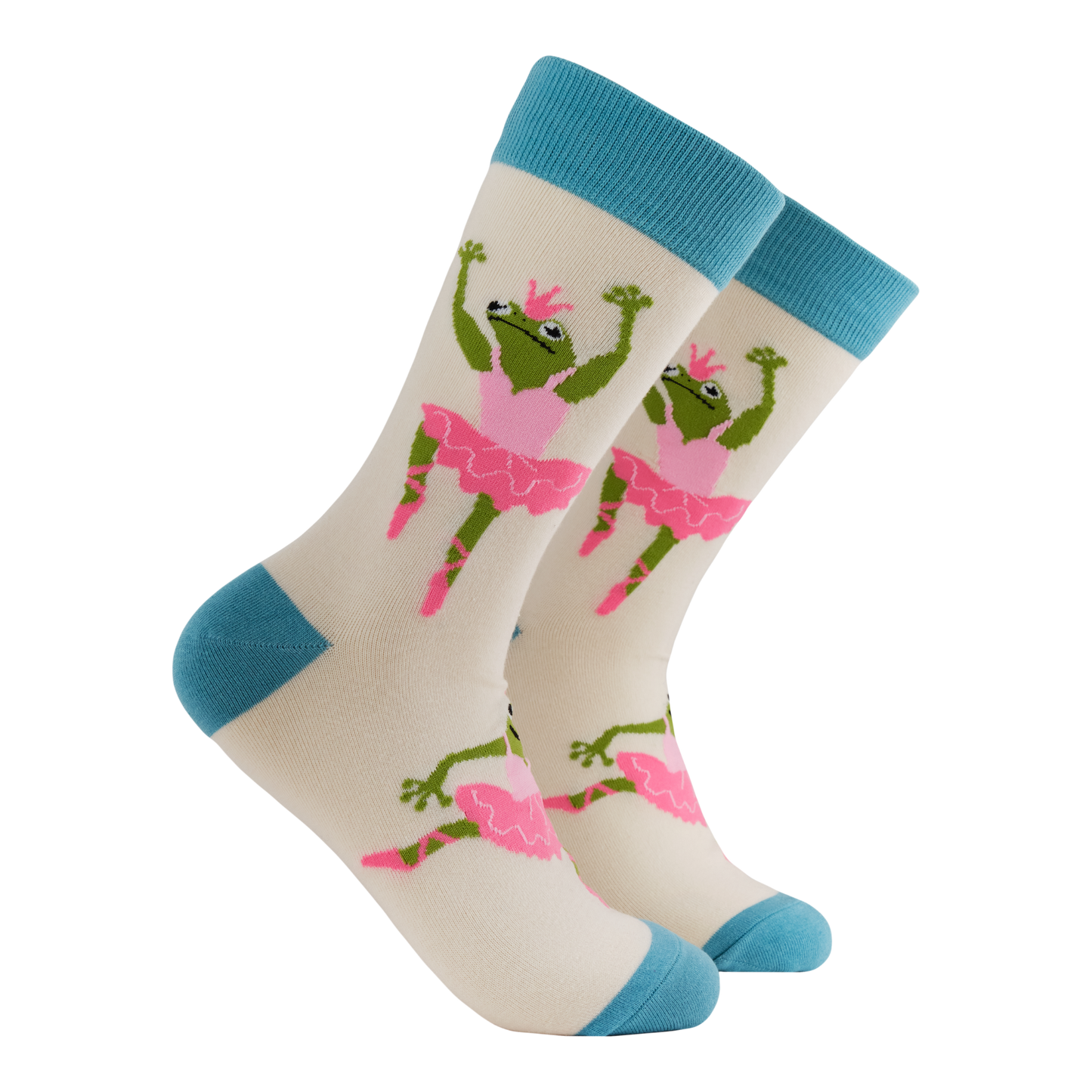 Ballerina Frog Socks - Leapfrog. A pair of socks with a frog ballerina motif. Cream legs, light blue heel, toe and cuff. 