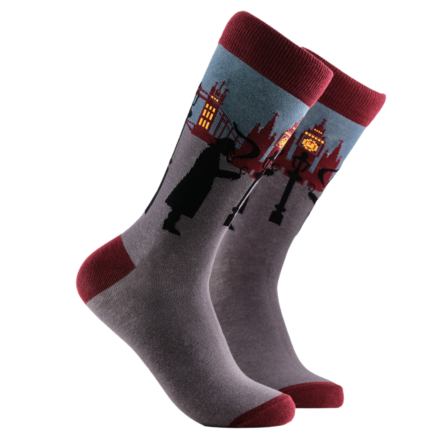 Sherlock Holmes Socks. A pair of socks depicting sherlock holmes. Grey legs, red heel, toe and cuff. 