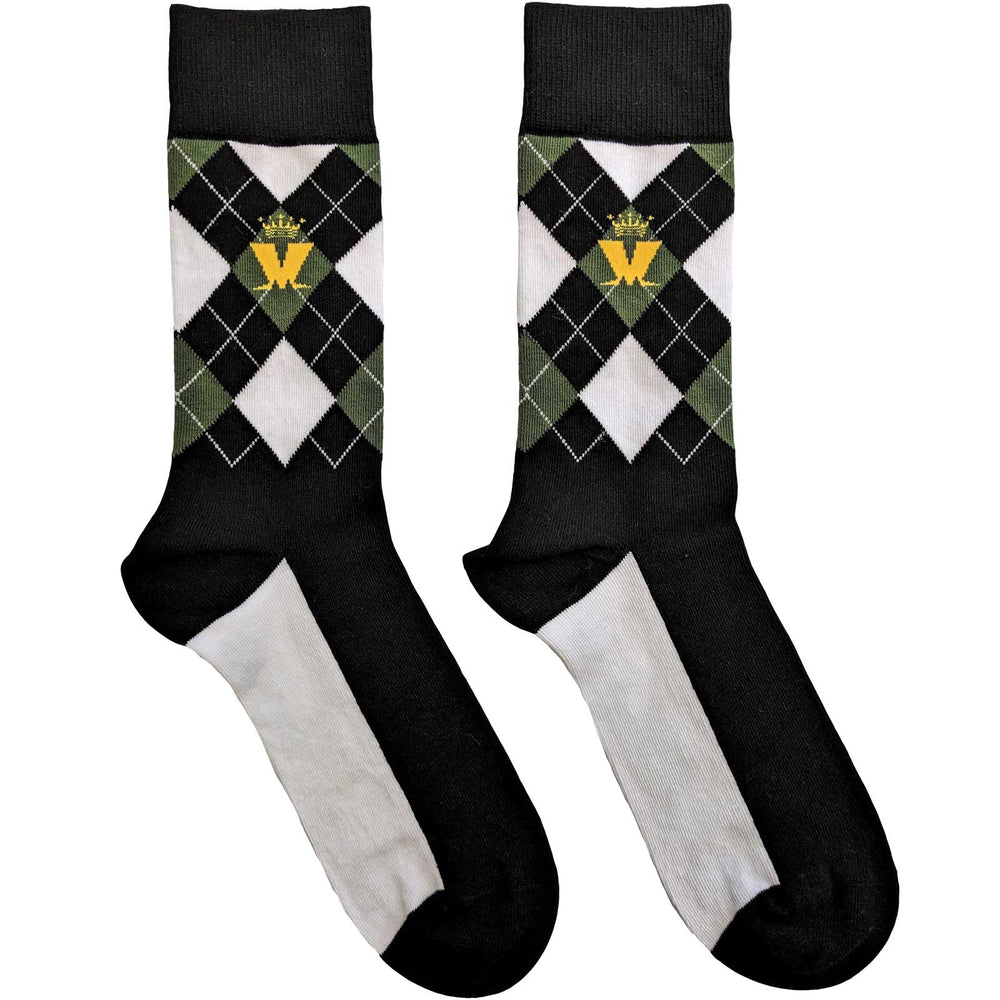 Madness Crown & M Green Diamond Socks. A pair of socks with a classic tweed pattern and the Madness logo. 