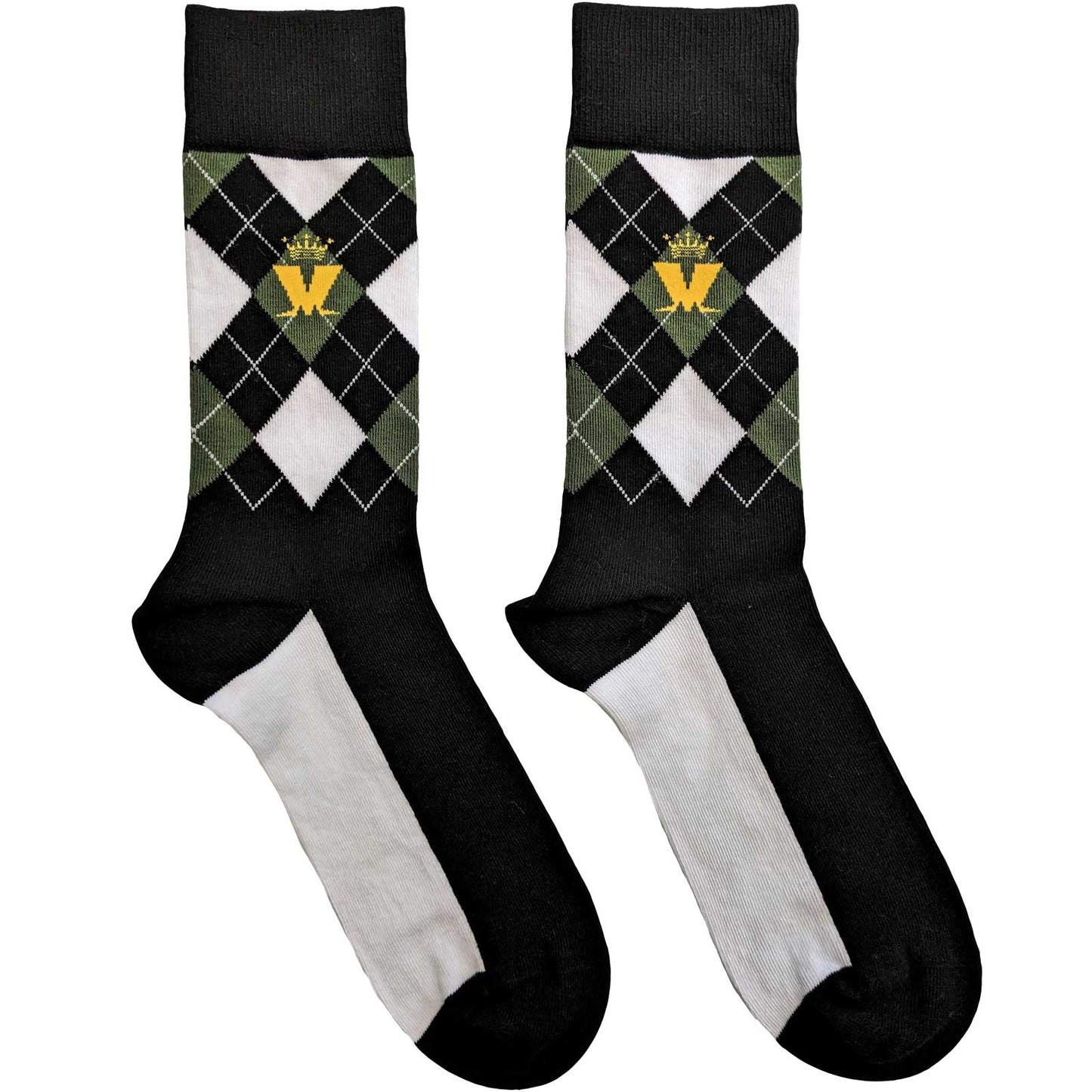 Madness Crown & M Green Diamond Socks. A pair of socks with a classic tweed pattern and the Madness logo. 