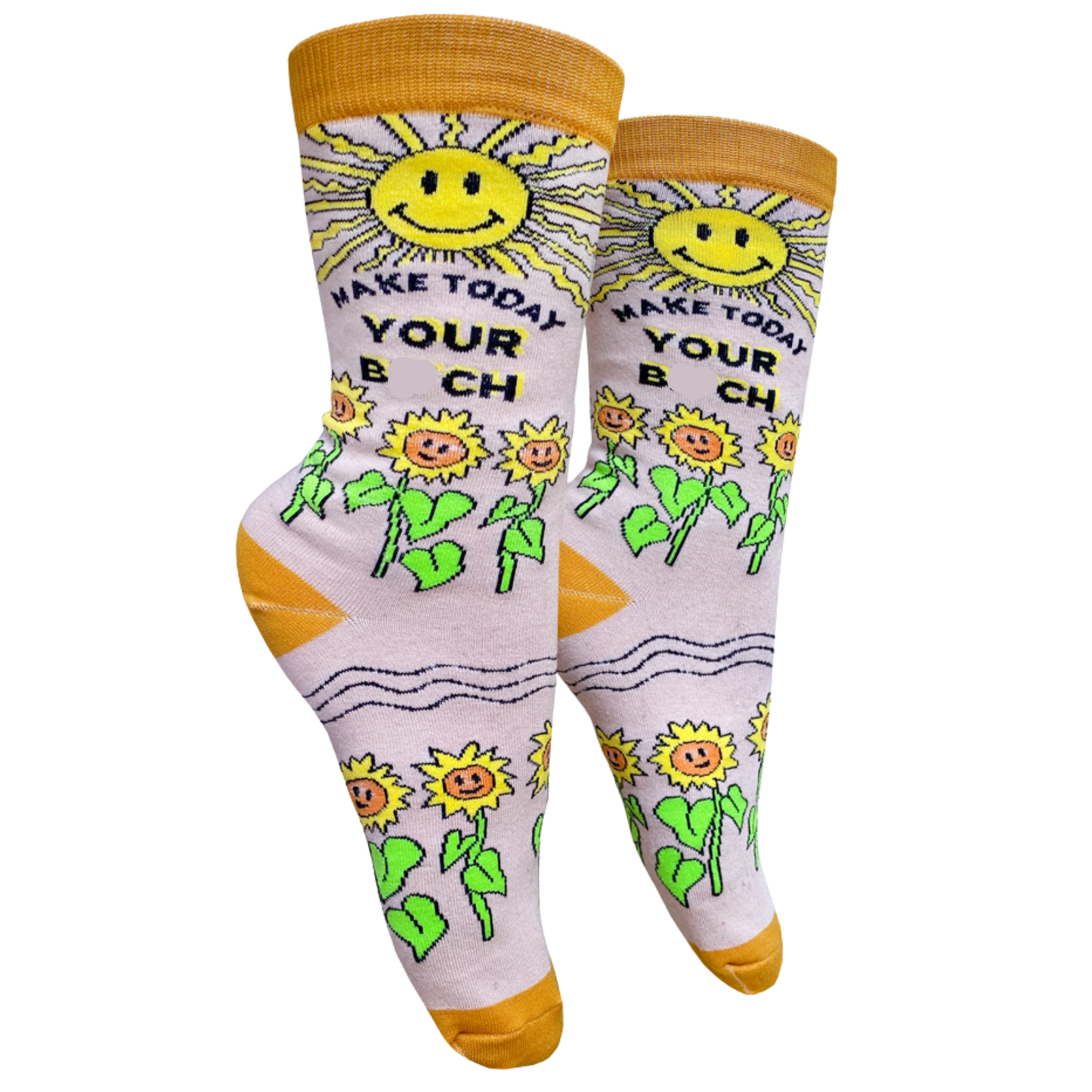 Make Today Your B**tch Socks. A pair of socks depicting the sun and sunflowers with a bold sweary slogan. Orange toes, cuff and heel.