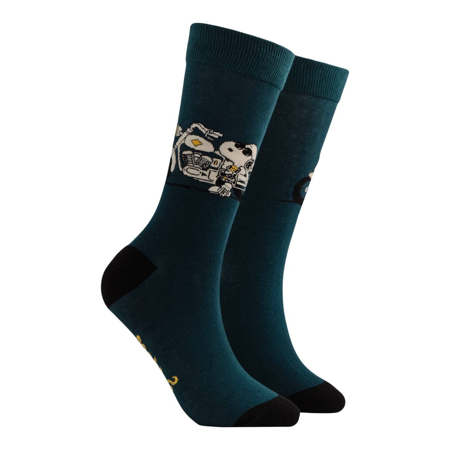 Teal socks with a snoopy on a motorbike design. 