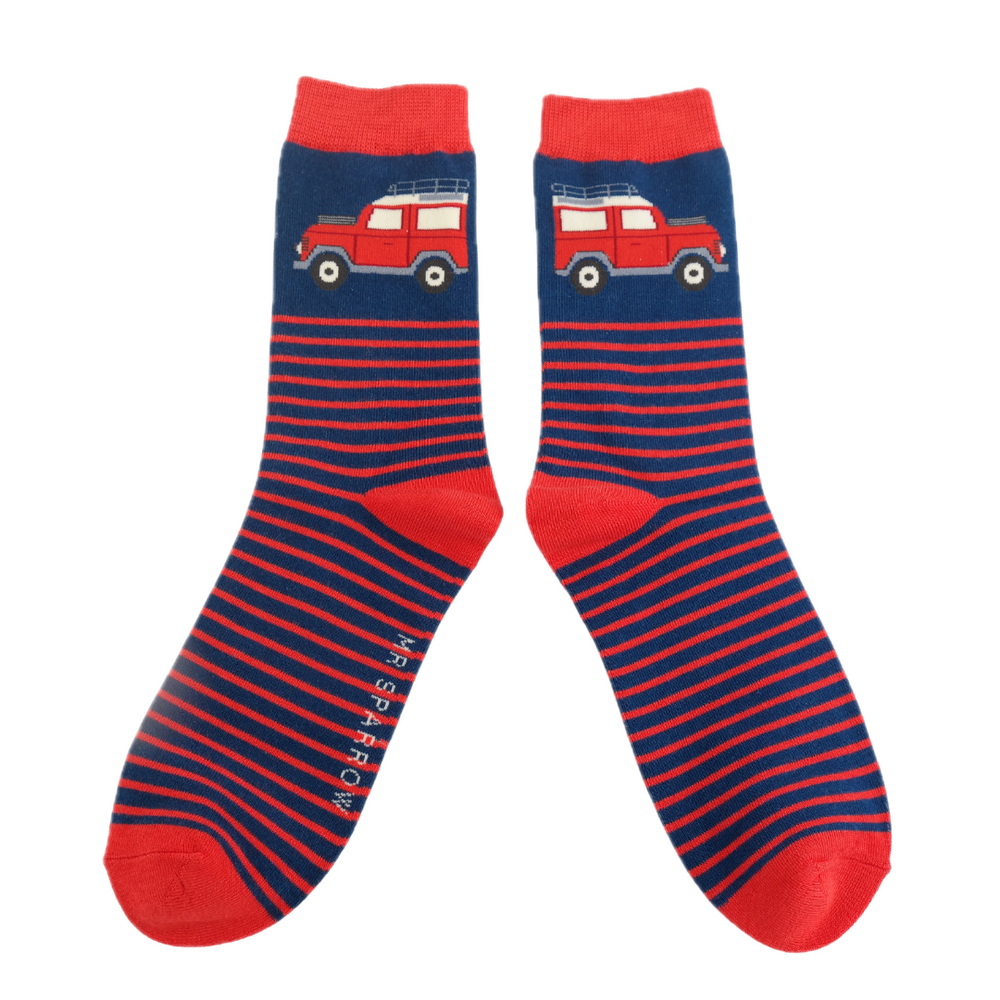 Jeep & Stripes Bamboo Socks - Miss Sparrow. A pair of socks depicting red jeeps. Dark blue legs, red stripes, heel, toe and cuff.  