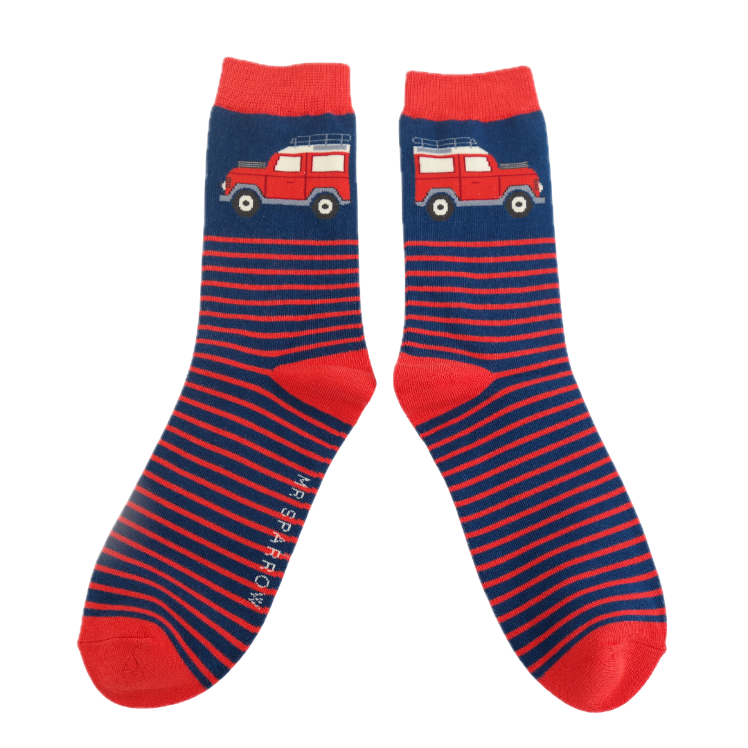Jeep & Stripes Bamboo Socks - Miss Sparrow. A pair of socks depicting red jeeps. Dark blue legs, red stripes, heel, toe and cuff.  
