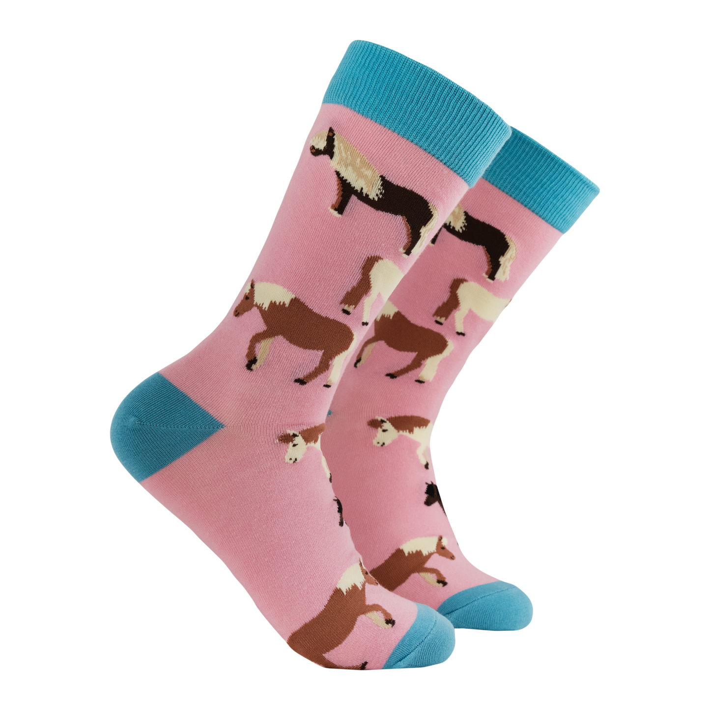 Shetland Pony Socks - My Little Pony. A pair of socks featuring cute ponies. Pink legs, blue heel, toe and cuff. 