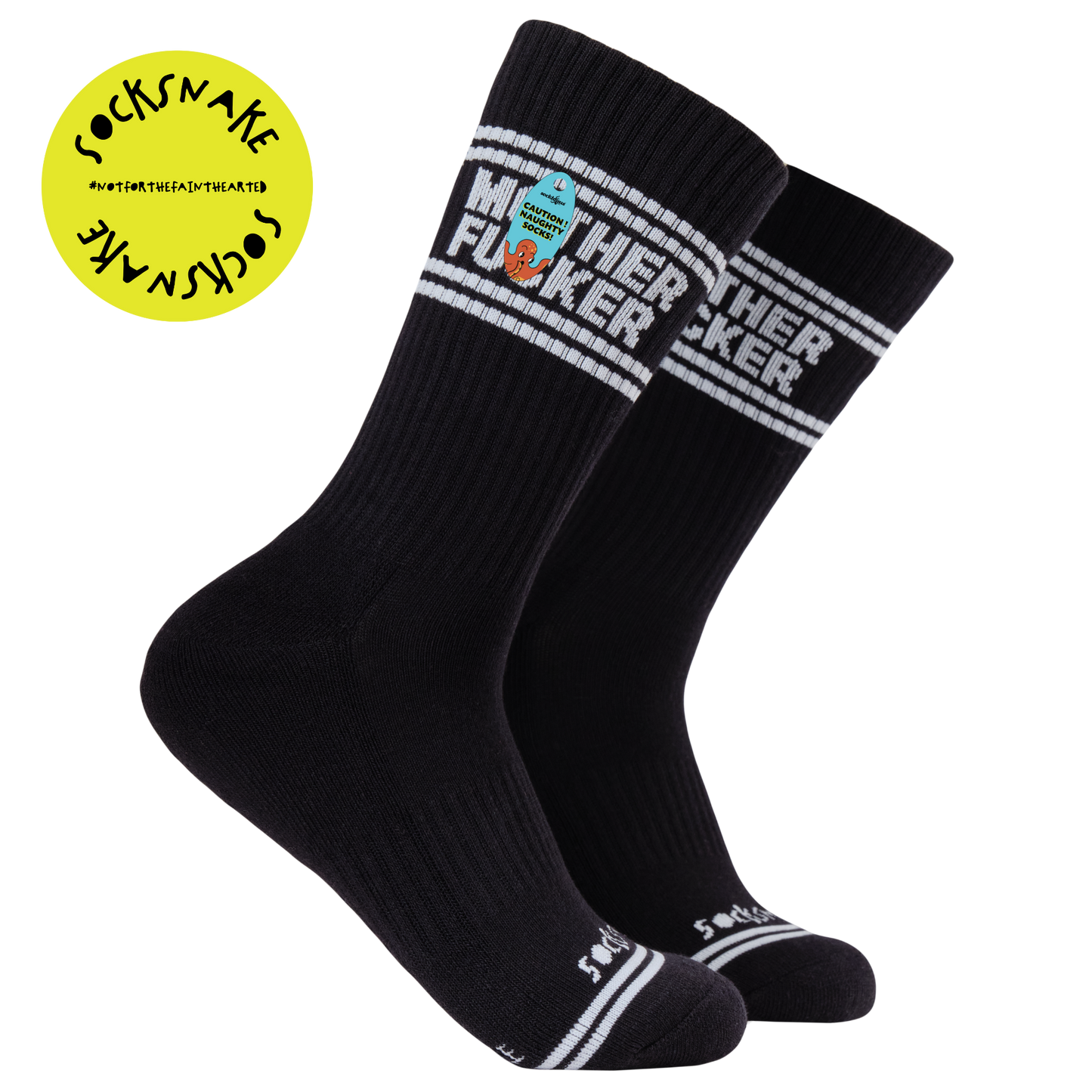 A black pair of athletic socks with white trim on the ankles and toes. With a very rude insult involving mothers on the ankle.