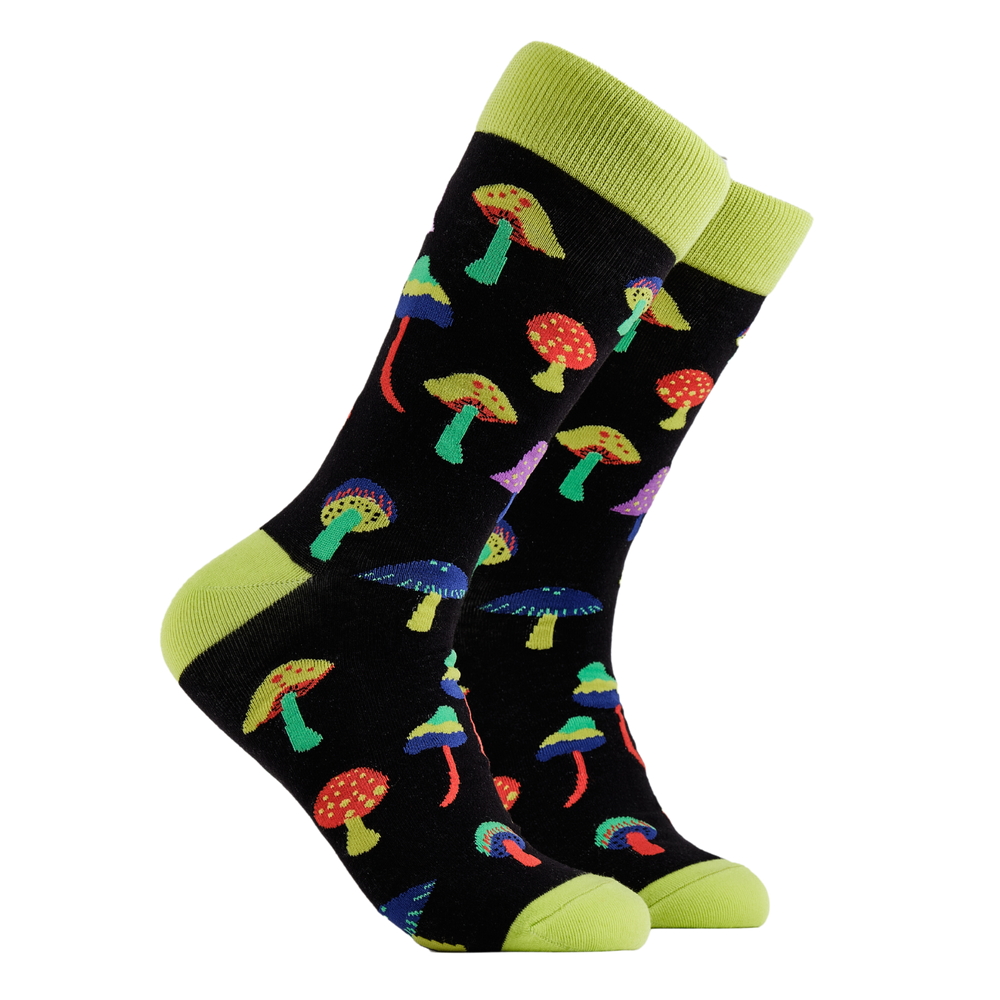 Magic Mushroom Socks - Mushroom Trippin'.  A pair of socks depicting magic mushrooms. Black legs, bright yellow cuff, heel and toe.