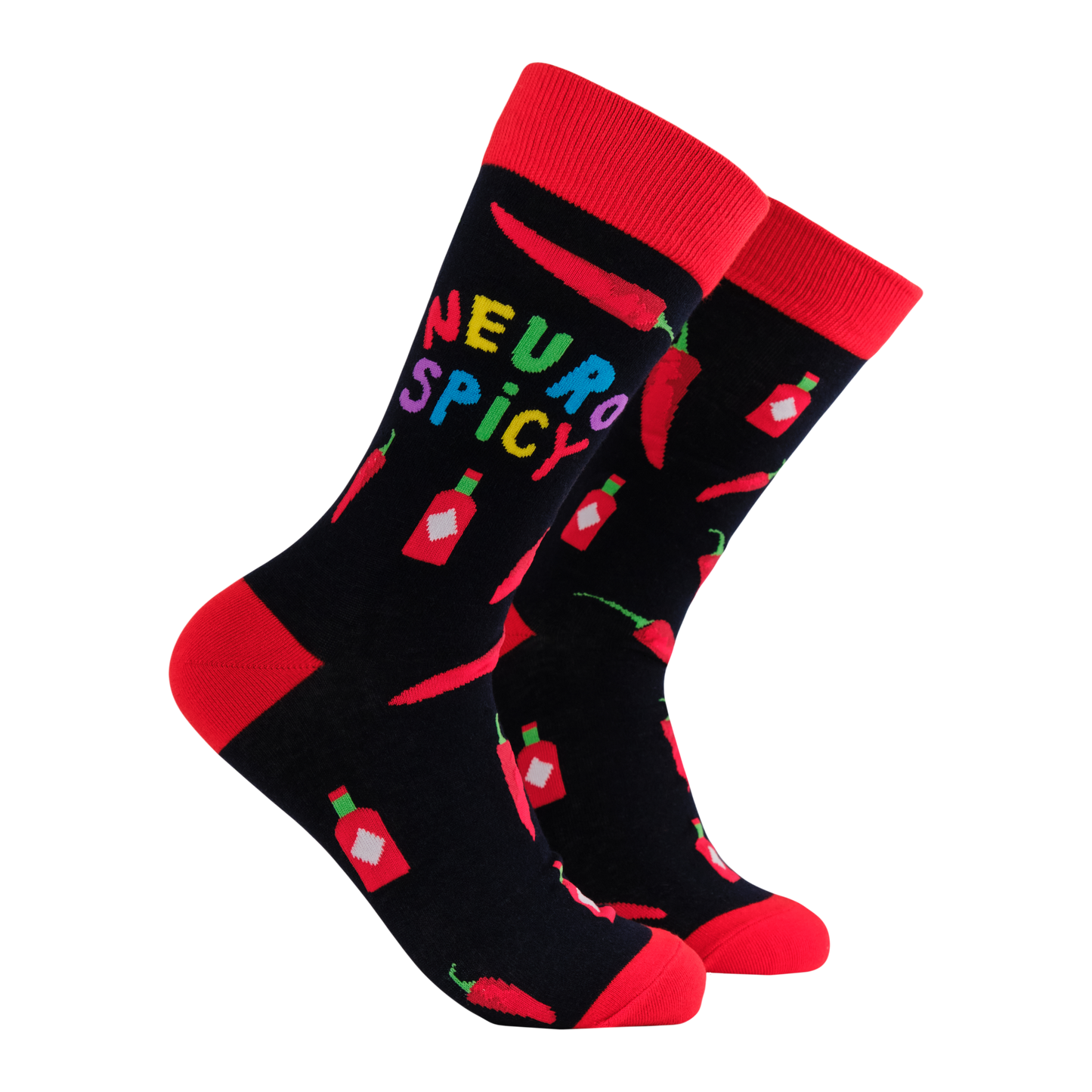 Neuro Spicy Socks. A pair of socks that celebrate your spicy brain. Black legs, red heel, toe and cuff. 