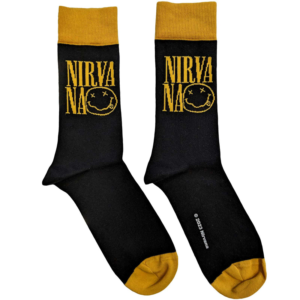 NIRVANA Logo Stacked Socks. A pair of socks with the classic Nirvana Logo. Black legs, yellow toe and cuff. 