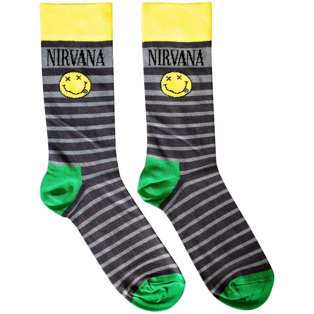 NIRVANA Happy Face & Logo Stripes Socks. A pair of socks with the Nirvana logo. Black and grey striped, green to and heel. Yellow cuff. 