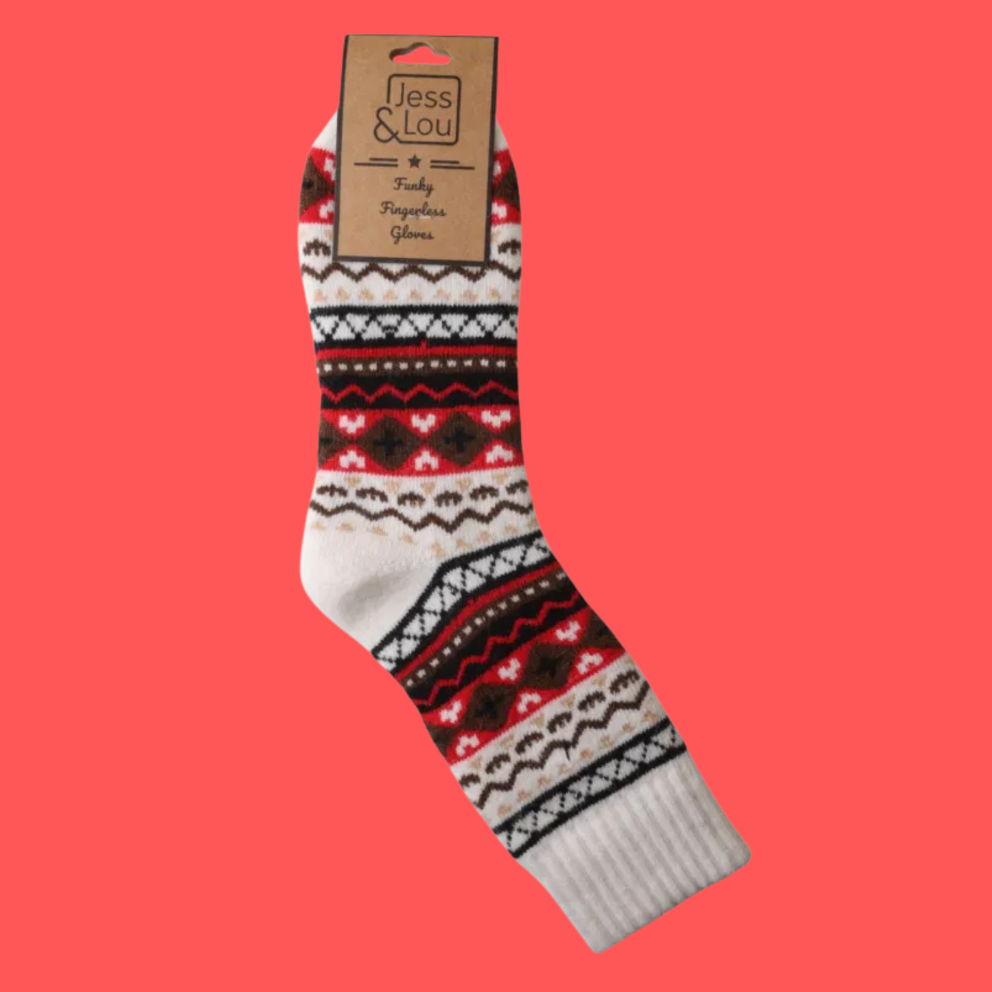 Sock with pattern on a red background, featuring a Jess & Lou label.